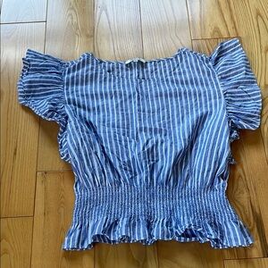 Madewell Blue and White Smocked Ruffled Blouse